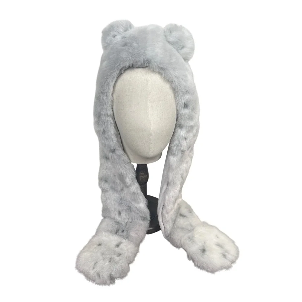 RH Baby & Child Kids Snow Leopard Faux Fur Trapper Hat with Mittens S/M 2-4Y